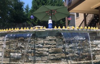Backyard swimming pool with water features installed by Premier Pool Enterprises