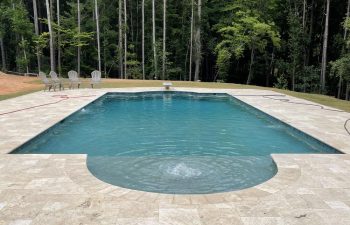 backyard swimming pool with paver patio surrounded by trees