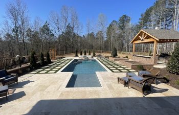 Modern backyard swimming pool with water features